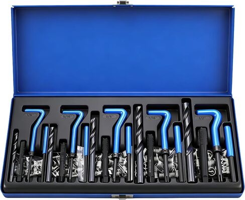 SAE Thread Repair Helicoil Kit - 131PC with HSS Drill Bits, Inserts, Taps, and Breakoff Tools for Rethreading on Metal, Engine, Pipe Repair - Sizes 1/4" 5/16" 3/8" 7/16" 1/2" in Kuwait