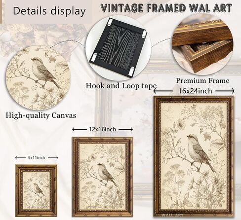 Vintage Gold Framed Bird Canvas Wall Art Retro Farmhouse Sparrow Painting Picture Wall Decor Rustic Floral Botanical Poster Print Artwork for Living Room Bedroom Home Decoration in Saudi Arabia