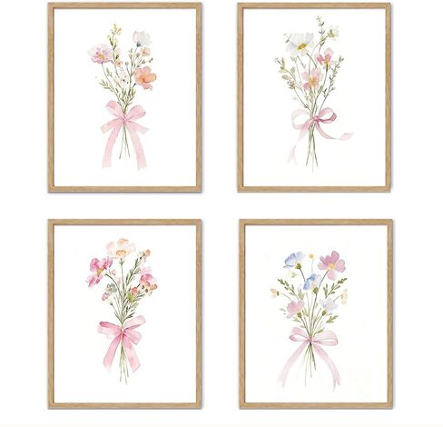 YZSLA Spring Wall Art Prints Decor, Spring Pink Coquette Bow Wildflower Flower Bouquet Poster Art Prints, Floral Botanical Wall Decorations for Girly Room Bedroom Dorm Home Decor, 8x10 Inches Unframed Set of 4 in Saudi Arabia