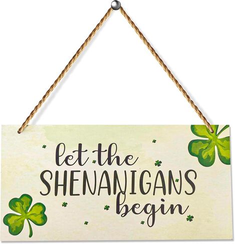 4E's Novelty "Let The Shenanigans Begin" Funny Hanging St. Patricks Day Shamrock Wood Decor Sign, Green Wooden Door Hanger for Front Doors, Festive and Classy Saint Patricks Day Door Decoration, Lucky Shamrock Sign Home Decor in Saudi Arabia