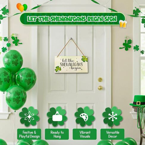 4E's Novelty "Let The Shenanigans Begin" Funny Hanging St. Patricks Day Shamrock Wood Decor Sign, Green Wooden Door Hanger for Front Doors, Festive and Classy Saint Patricks Day Door Decoration, Lucky Shamrock Sign Home Decor in Saudi Arabia