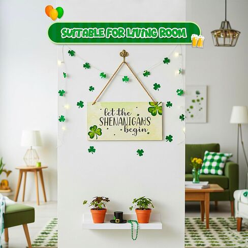 4E's Novelty "Let The Shenanigans Begin" Funny Hanging St. Patricks Day Shamrock Wood Decor Sign, Green Wooden Door Hanger for Front Doors, Festive and Classy Saint Patricks Day Door Decoration, Lucky Shamrock Sign Home Decor in Saudi Arabia