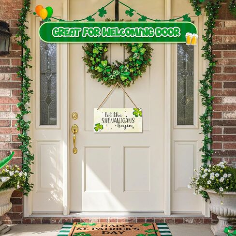 4E's Novelty "Let The Shenanigans Begin" Funny Hanging St. Patricks Day Shamrock Wood Decor Sign, Green Wooden Door Hanger for Front Doors, Festive and Classy Saint Patricks Day Door Decoration, Lucky Shamrock Sign Home Decor in Saudi Arabia