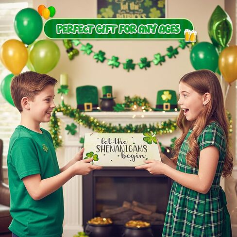 4E's Novelty "Let The Shenanigans Begin" Funny Hanging St. Patricks Day Shamrock Wood Decor Sign, Green Wooden Door Hanger for Front Doors, Festive and Classy Saint Patricks Day Door Decoration, Lucky Shamrock Sign Home Decor in Saudi Arabia