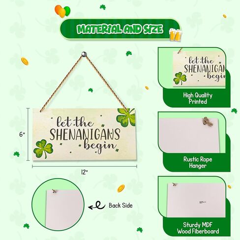 4E's Novelty "Let The Shenanigans Begin" Funny Hanging St. Patricks Day Shamrock Wood Decor Sign, Green Wooden Door Hanger for Front Doors, Festive and Classy Saint Patricks Day Door Decoration, Lucky Shamrock Sign Home Decor in Saudi Arabia