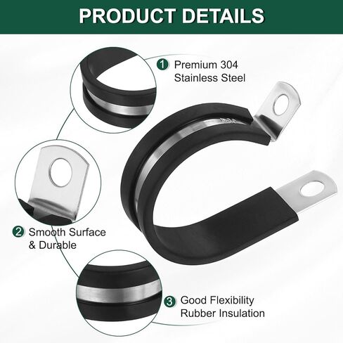 HARFINGTON 20pcs Stainless Steel Cable Clamp 1-9/16" (36mm) Rubber Cushioned Conduit Clamp Wire Holder Strap Clip for Automotive Industrial Marine Household Installation Pipe Wire in Kuwait