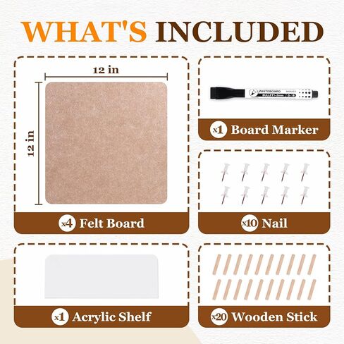 4 Pack Felt Bulletin Board Kit, 24" Self-Adhesive Fabric Wall Panels with Acrylic Shelf, Pegs & Pins - Felt Board Tiles for Memo, Display & Wall Organizer in Kuwait