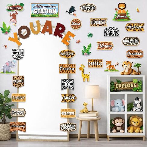 Spring Jungle Motivational Bulletin Board Set Jungle Animals Affirmation Station Posters Growth Mindset Classroom Mirror Decor Leaves Cutouts Positive Affirmations for Teacher Door Wall in Kuwait