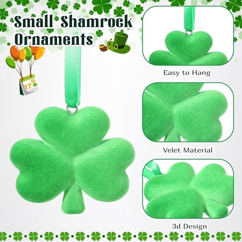 Gerrii 24 Pack St Patrick's Day Shamrock Ornaments for Tree 2.56 Inch Velvet Clover Decorations Lucky Green Irish Trefoil Hanging Bauble for Saint Patricks Day Table Shelf Decor in Saudi Arabia