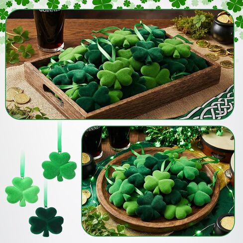 Gerrii 24 Pack St Patrick's Day Shamrock Ornaments for Tree 2.56 Inch Velvet Clover Decorations Lucky Green Irish Trefoil Hanging Bauble for Saint Patricks Day Table Shelf Decor in Saudi Arabia