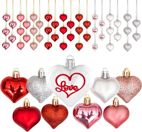 45Pcs Valentine's Day Heart Shaped Ornaments, Heart Shaped Baubles Red Pink Glitter White Silver Hanging Decorations for Valentine's Day Christmas Wedding Anniversary(9 Styles) in Saudi Arabia