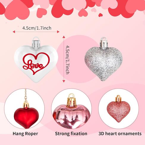 45Pcs Valentine's Day Heart Shaped Ornaments, Heart Shaped Baubles Red Pink Glitter White Silver Hanging Decorations for Valentine's Day Christmas Wedding Anniversary(9 Styles) in Saudi Arabia