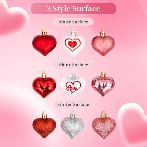 45Pcs Valentine's Day Heart Shaped Ornaments, Heart Shaped Baubles Red Pink Glitter White Silver Hanging Decorations for Valentine's Day Christmas Wedding Anniversary(9 Styles) in Saudi Arabia
