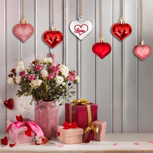 45Pcs Valentine's Day Heart Shaped Ornaments, Heart Shaped Baubles Red Pink Glitter White Silver Hanging Decorations for Valentine's Day Christmas Wedding Anniversary(9 Styles) in Saudi Arabia