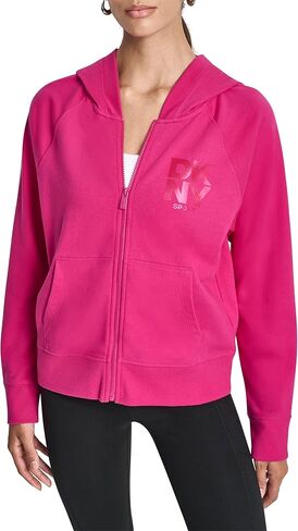 DKNY Women's Stacked Satin Full Zip Logo Hoodie with Pockets in Saudi Arabia