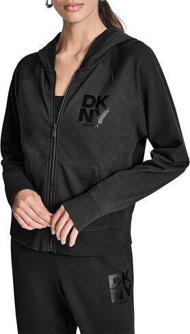 DKNY Women's Stacked Satin Full Zip Logo Hoodie with Pockets in Saudi Arabia