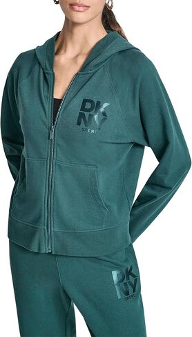 DKNY Women's Stacked Satin Full Zip Logo Hoodie with Pockets in Saudi Arabia