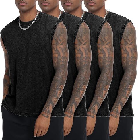 PEHMEA Men's Sleeveless Shirts - 4 Pack Cotton Muscle Tank Tops for Gym Workout Running Streetwear, Vintage Loose Fit Tees in Kuwait