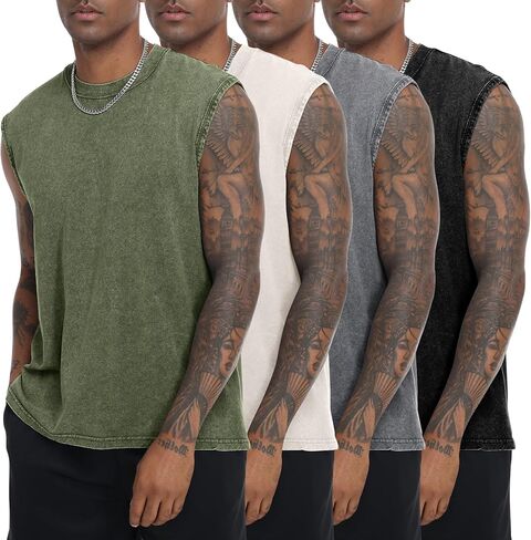 PEHMEA Men's Sleeveless Shirts - 4 Pack Cotton Muscle Tank Tops for Gym Workout Running Streetwear, Vintage Loose Fit Tees in Saudi Arabia