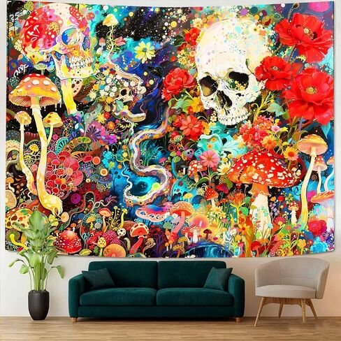 SHRAPHY Skeleton Mushroom Flower Colorful Tapestry Wall Decoration Whimsical Multiple Large Natural Plants Skull Cute Fun Fantasy Retro Aesthetic Hippie Bedroom Dormitory Livingroom 80 "x60 Inches in Kuwait