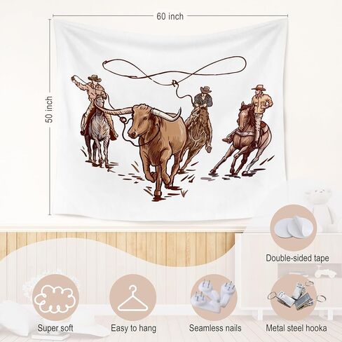WARDOS Western Cowboy Tapestry, Country Rodeo Cowboy Lasso Bull Tapestry Wall Hanging, Vintage Farmhouse Wild Western Wall Blanket Decor for Home Living Room Boys Bedroom, 50x60 Inch in Kuwait