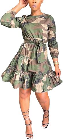 MESLIMA Women's Camouflage Printed Long Sleeve Round Neck A-line Skirt Clubwear Dress with Belt in Kuwait
