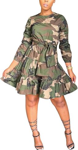 MESLIMA Women's Camouflage Printed Long Sleeve Round Neck A-line Skirt Clubwear Dress with Belt in Saudi Arabia