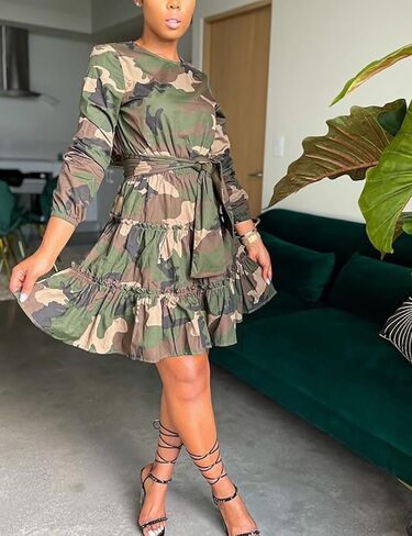 MESLIMA Women's Camouflage Printed Long Sleeve Round Neck A-line Skirt Clubwear Dress with Belt in Saudi Arabia