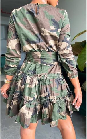 MESLIMA Women's Camouflage Printed Long Sleeve Round Neck A-line Skirt Clubwear Dress with Belt in Saudi Arabia