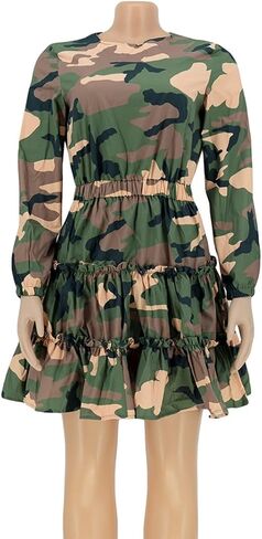 MESLIMA Women's Camouflage Printed Long Sleeve Round Neck A-line Skirt Clubwear Dress with Belt in Saudi Arabia