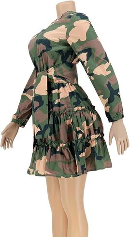 MESLIMA Women's Camouflage Printed Long Sleeve Round Neck A-line Skirt Clubwear Dress with Belt in Saudi Arabia