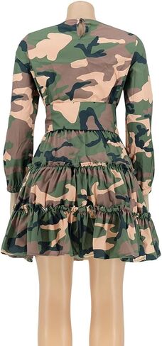 MESLIMA Women's Camouflage Printed Long Sleeve Round Neck A-line Skirt Clubwear Dress with Belt in Saudi Arabia