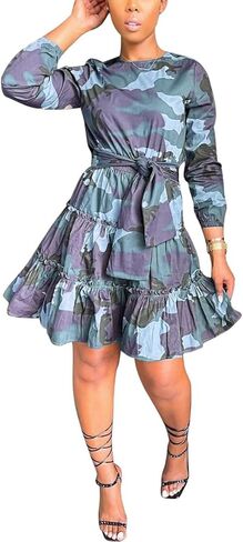 MESLIMA Women's Camouflage Printed Long Sleeve Round Neck A-line Skirt Clubwear Dress with Belt in Saudi Arabia