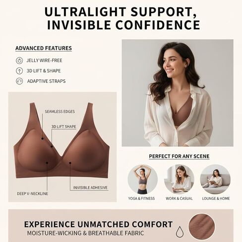 2PCS Jelly Seamless Deep V Push-Up Wireless Bra No Underwire Supportive Everyday Bras T Shirt Bralettes Plunge Bras in Saudi Arabia