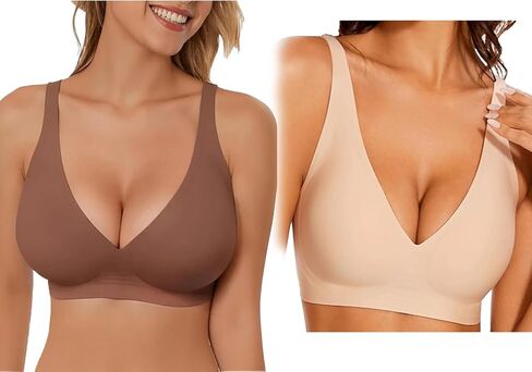 2PCS Jelly Seamless Deep V Push-Up Wireless Bra No Underwire Supportive Everyday Bras T Shirt Bralettes Plunge Bras in Saudi Arabia