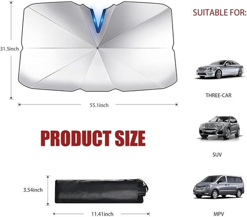 1 PC Car Windshield Sunshade, 55" x 31" Open Type Ten-Bone Anti-concave Umbrella Frame Foldable Reflective Frosted Non-Slip Handle Sunshade, Auxiliary Cooling Accessories, for Cars (Silver) in Saudi Arabia