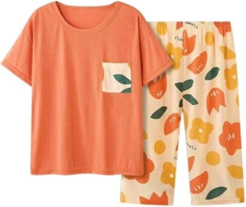 2PCS Women's Pajama Set, Soft Cotton Sleepwear with Floral Print, Short Sleeve Top and Capri Pants Loungewear for Summer in Saudi Arabia
