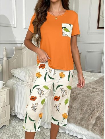 2PCS Women's Pajama Set, Soft Cotton Sleepwear with Floral Print, Short Sleeve Top and Capri Pants Loungewear for Summer in Saudi Arabia