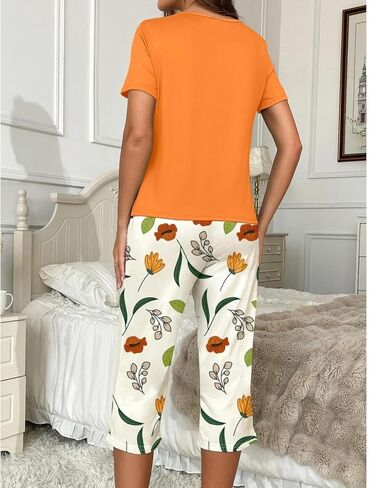 2PCS Women's Pajama Set, Soft Cotton Sleepwear with Floral Print, Short Sleeve Top and Capri Pants Loungewear for Summer in Saudi Arabia