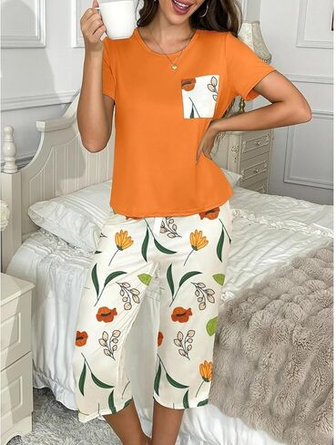 2PCS Women's Pajama Set, Soft Cotton Sleepwear with Floral Print, Short Sleeve Top and Capri Pants Loungewear for Summer in Saudi Arabia