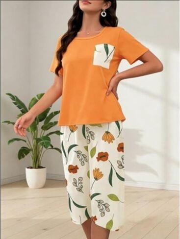 2PCS Women's Pajama Set, Soft Cotton Sleepwear with Floral Print, Short Sleeve Top and Capri Pants Loungewear for Summer in Saudi Arabia