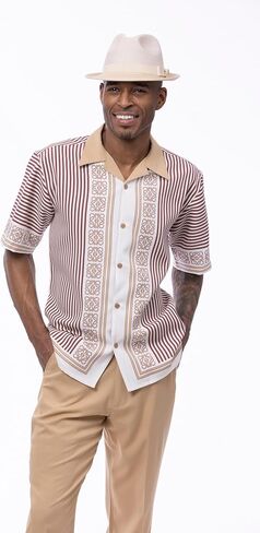 MONTIQUE Walking Suit For Men 2 Piece Set - Short Sleeve Shirt and Long Pants, Solid Colors - 2501 in Kuwait