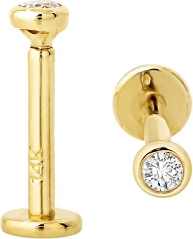 14K Gold Bezel Set 2.5mm (0.08ct) Diamond Labret Monroe Stud 16G 6mm-8mm-10mm Post Flat Disk Bottom Round Brilliant Cut Diamond Lip Ring Tragus Stud in Kuwait