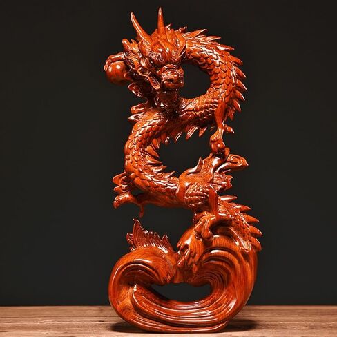 Feng Shui Dragon Statue- Chinese Dragon on Wood Sculpture Figurine Ornament Attract Wealth and Good Luck Office Home Decor (Red) (7 Inch) in Saudi Arabia