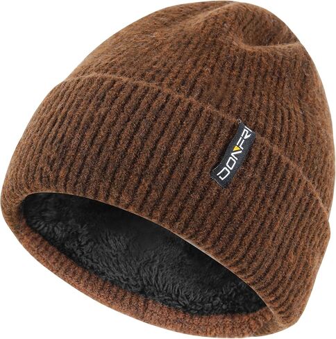 قبعات Donfri الصوفية للشتاء للرجال والنساء، مبطنة بالصوف البني، دافئة للغاية لفصل الشتاء، قبعة متماسكة على شكل جمجمة in Kuwait