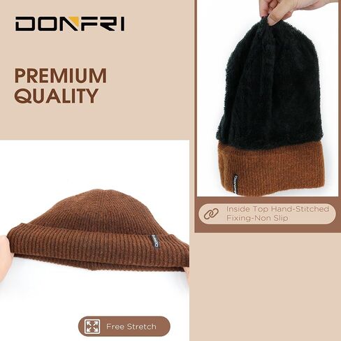 قبعات Donfri الصوفية للشتاء للرجال والنساء، مبطنة بالصوف البني، دافئة للغاية لفصل الشتاء، قبعة متماسكة على شكل جمجمة in Kuwait