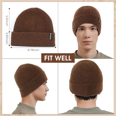 قبعات Donfri الصوفية للشتاء للرجال والنساء، مبطنة بالصوف البني، دافئة للغاية لفصل الشتاء، قبعة متماسكة على شكل جمجمة in Kuwait