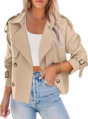 Momuk Womens Cropped Trench Coat Long Sleeve Casual Loose Lapel Double Breasted Short Jacket Outwear with Pockets in Kuwait