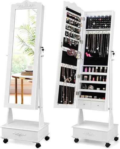 HAPPYGRILL Full Length Jewelry Armoire, Lockable Jewelry Organizer with Wheels, 3-Position Adjustable Angle, 6 LEDs & Bottom Drawers, Standing Jewelry Cabinet for Girls Women (White) in Kuwait