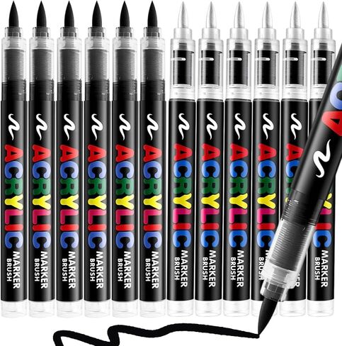 6 قلم طلاء أسود +6 أبيض، أقلام طلاء أكريليك برأس فرشاة للرسم الصخري، الخشب، الزجاج، السيراميك، القماش، القماش، الحجر، الديكور، صناعة أدوات الحرف اليدوية، اللوازم الفنية in Kuwait